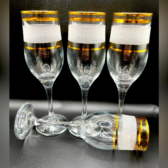 Set of 4 Vintage Midcentury Clear Wine Glasses Gold Rim Textured White Stripe 8" - Picture 11 of 11